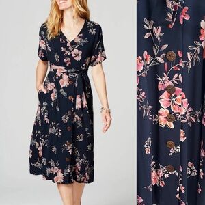 J Jill Botanical Brunches Navy Pink Floral Midi Dress Dolman Sleeves Pockets XLP